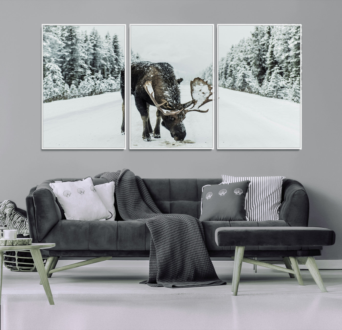13316292-MGV-CV-36X24-Moose in Snow Wall Art Canvas Print, Framed Winter Wildlife Art Picture Print, Snowy Forest Scene Perfect Rustic Lodge Decor