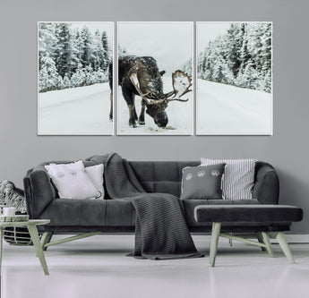13316292-MGV-CV-36X24-Moose in Snow Wall Art Canvas Print, Framed Winter Wildlife Art Picture Print, Snowy Forest Scene Perfect Rustic Lodge Decor