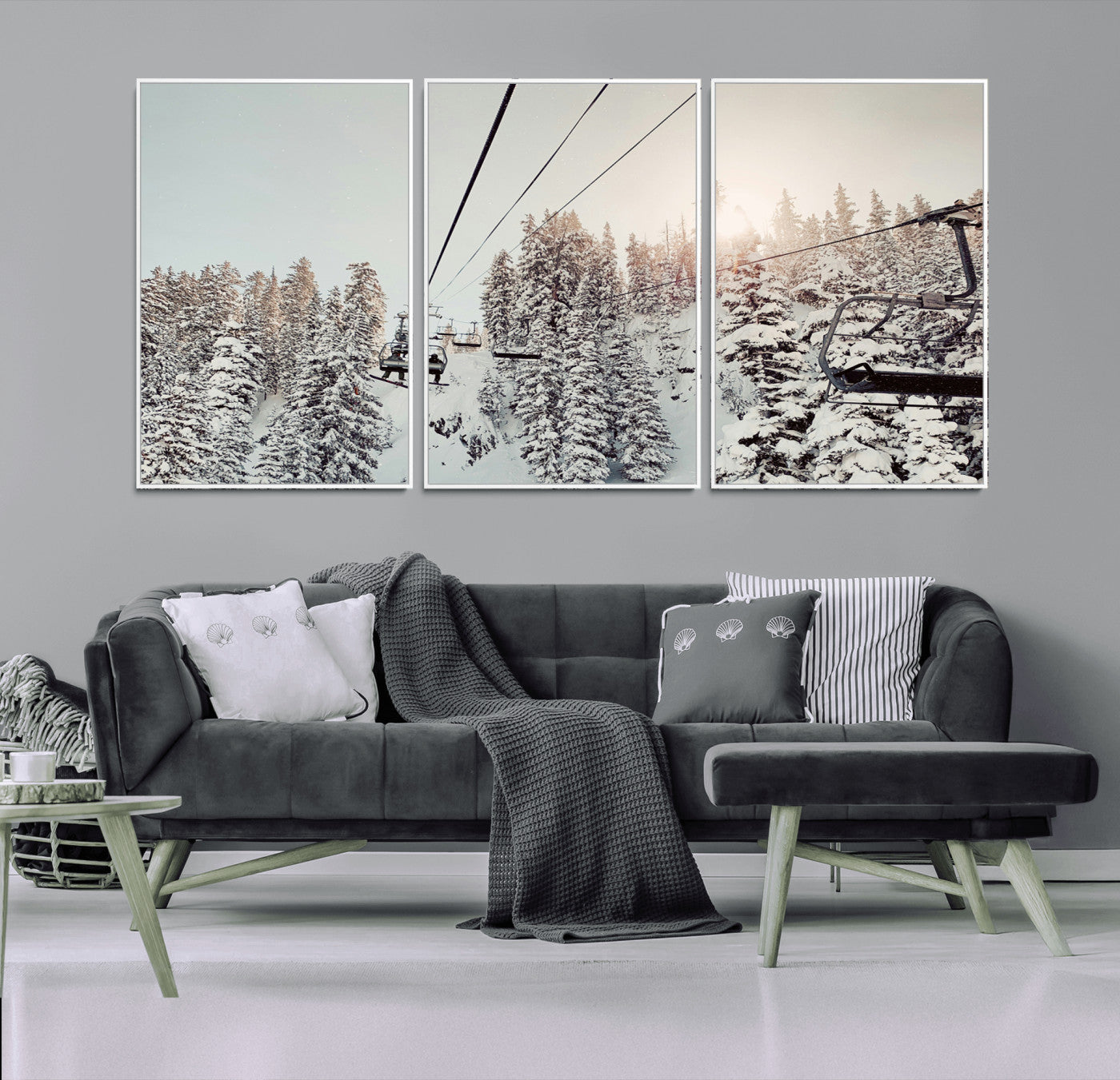 91534512-MGV-CV-36X24-Frosty Pines Wall Art Canvas Print, Framed Cozy Cabin View Art Picture Print, Ski Lift Ride Perfect Rustic Lodge Decor Artwork