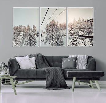 91534512-MGV-FC-60X30-3P_White-Frosty Pines Wall Art Canvas Print, Framed Cozy Cabin View Art Picture Print, Ski Lift Ride Perfect Rustic Lodge Decor Artwork
