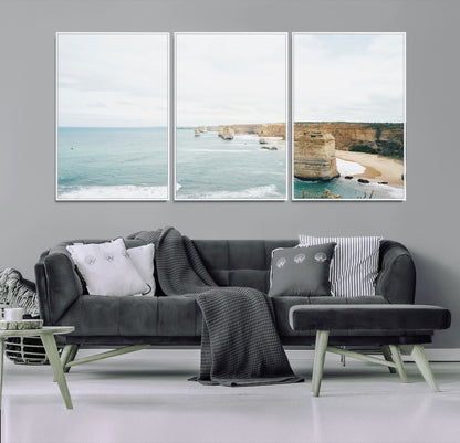 70095633-MGV-CV-36X24-Twelve Apostles Wall Art Canvas Print, Framed Coastal Cliffs Art Picture Print, Rugged Rock Formations Perfect Minimalist Coastal