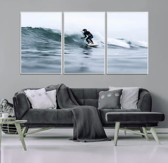 11693607-MGV-CV-36X24-Surfer on Wave Wall Art Canvas Print, Framed Ocean Adventure Art Picture Print, Motion Blur Water Perfect Coastal Adventure Decor