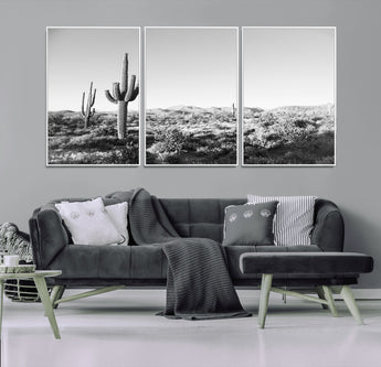 85205054-MGV-CV-36X24-Saguaro Cactus Wall Art Canvas Print, Framed Monochrome Landscape Art Picture Print, Scenic Arizona View Perfect Minimalist