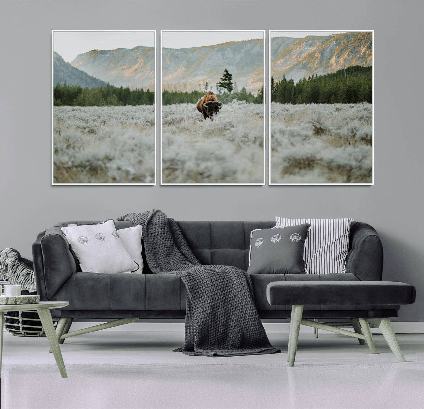41674074-MGV-FC-60X30-3P_White-Bison Wall Art – American Buffalo Wildlife Photography Canvas Print, Western Mountain Landscape Artwork Rustic Nature Decor for