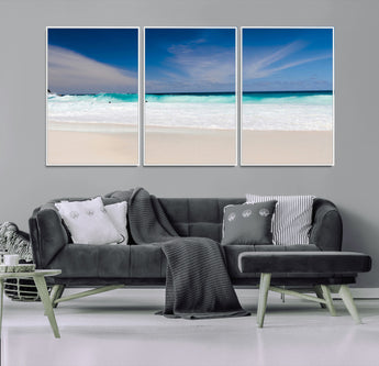 55017356-MGV-CV-36X24-Ocean Beach Wall Art – Turquoise Wave and White Sand Shoreline Canvas Print, Coastal Seascape Photography Decor for Living Room,