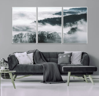 67569654-MGV-CV-36X24-Foggy Forest Wall Art – Mist Covered Hills and Trees Landscape Canvas Print, Moody Nature Photography Decor for Living Room,