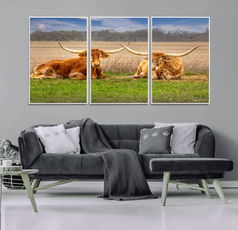54598515-MGV-CV-36X24-Texas Longhorns Wall Art – Rustic Cattle Ranch Canvas Print, Western Farmhouse Animal Photography Decor for Living Room, Office,