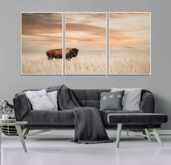 20306324-MGV-CV-36X24-Bison Wall Art – Lone American Buffalo Prairie Sunset Canvas Print, Rustic Western Wildlife Photography Decor for Living Room,