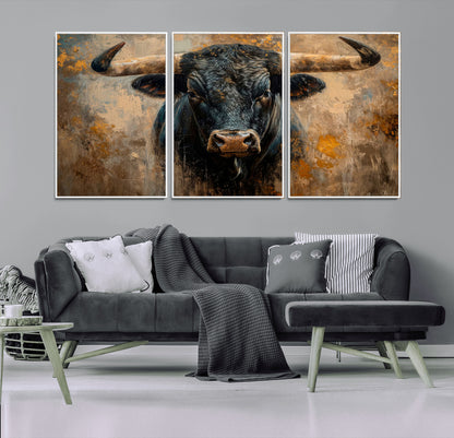 91615410-MGV-CV-36X24-Bull Wall Art – Rustic Western Longhorn Canvas Print, Powerful Abstract Animal Painting, Farmhouse Ranch Decor for Living Room,