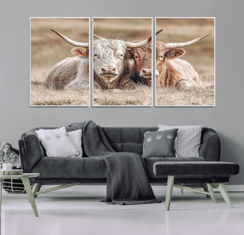 38651722-MGV-CV-36X24-Cow Wall Art – Rustic Longhorn Pair Canvas Print, Western Farmhouse Animal Painting, Country Ranch Decor for Living Room, Bedroom,