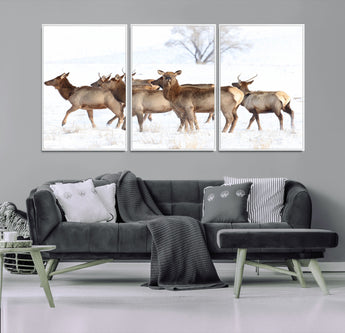 41416314-MGV-FC-60X30-3P_White-Elk Wall Art – Wildlife Herd Canvas Print in Snowy Landscape, Rustic Nature Painting, Western Cabin Lodge Decor for Living Room,