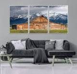 15173627-MGV-CV-36X24-Barn Wall Art – Rustic Wooden Cabin Canvas Print with Snowy Mountain Landscape, Western Farmhouse Country Decor for Living Room,