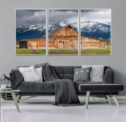 15173627-MGV-CV-36X24-Barn Wall Art – Rustic Wooden Cabin Canvas Print with Snowy Mountain Landscape, Western Farmhouse Country Decor for Living Room,