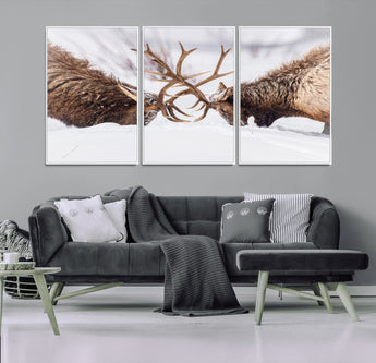 99240306-MGV-CV-36X24-Elk Wall Art – Two Bull Elk Fighting in Snow Canvas Print, Rustic Wildlife Artwork for Cabin, Lodge, Western Farmhouse, Nature &
