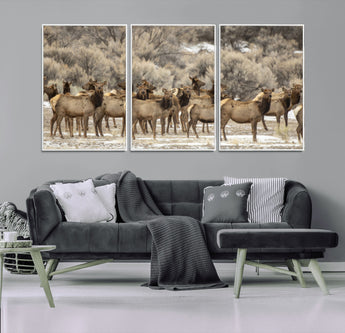 93076148-MGV-CV-36X24-Elk Herd Wall Art – Wildlife Canvas Print of Elk in Winter Landscape, Rustic Western Cabin & Lodge Décor, Nature Photography for
