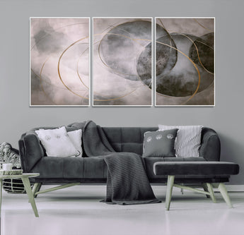 20066876-MGV-CV-36X24-Neutral Abstract Circle Wall Art – Modern Gray Beige Gold Canvas Print, Minimalist Geometric Painting for Bedroom, Living Room,