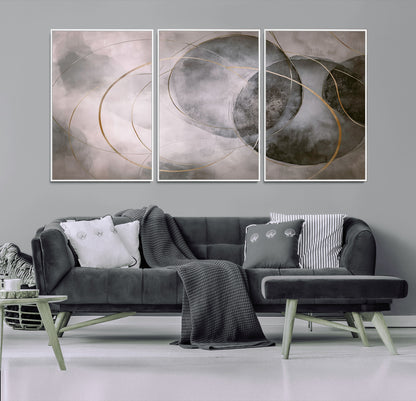 20066876-MGV-CV-36X24-Neutral Abstract Circle Wall Art – Modern Gray Beige Gold Canvas Print, Minimalist Geometric Painting for Bedroom, Living Room,