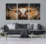 25265572-MGV-CV-36X24-Longhorn Bull Wall Art – Rustic Western Texas Steer Canvas Print, Textured Animal Painting for Home, Office, Man Cave or Farmhouse