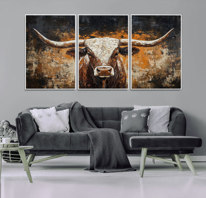 25265572-MGV-CV-36X24-Longhorn Bull Wall Art – Rustic Western Texas Steer Canvas Print, Textured Animal Painting for Home, Office, Man Cave or Farmhouse