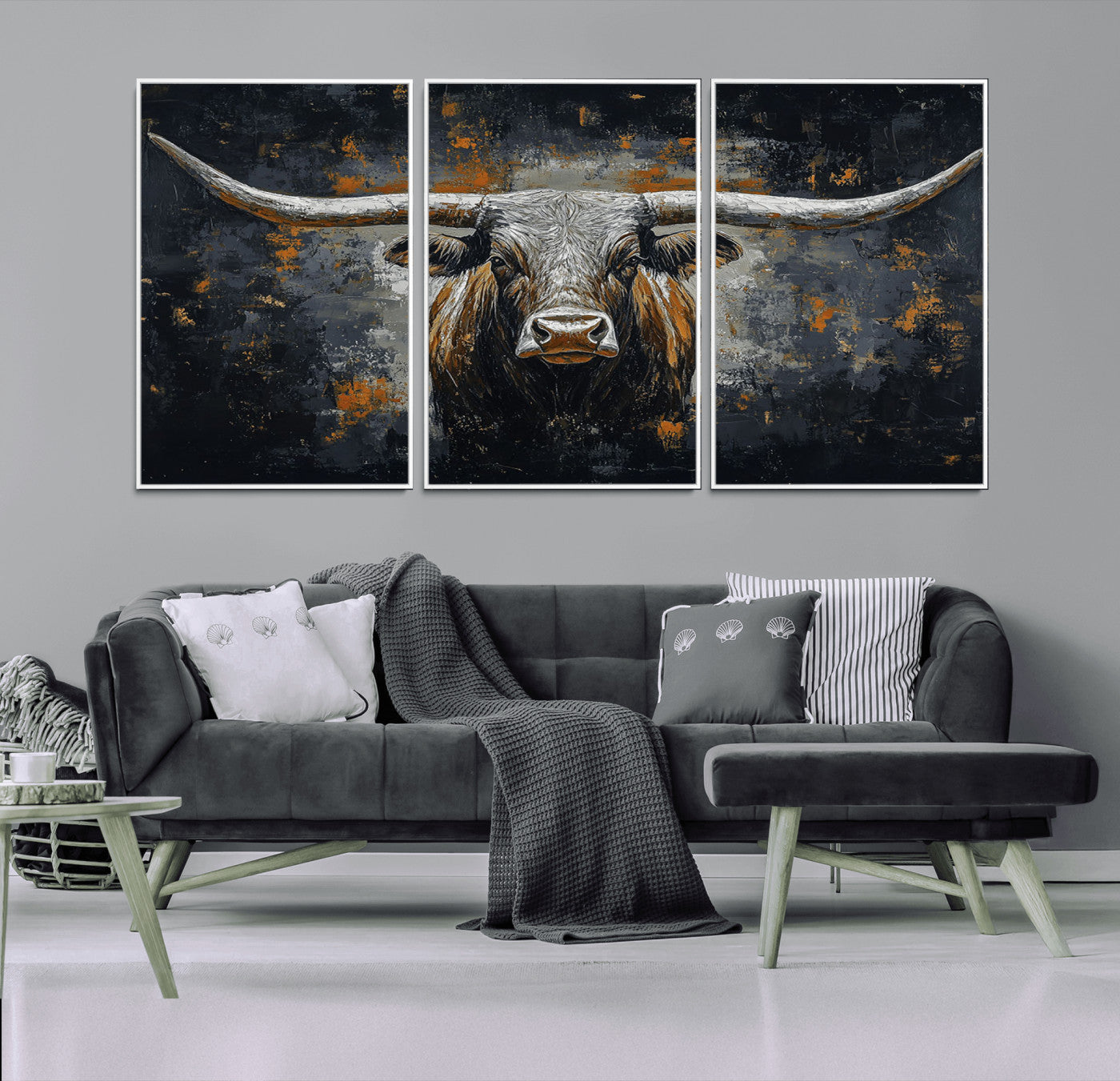 93195031-MGV-FC-60X30-3P_White-Dark Longhorn Bull Wall Art – Western Steer Canvas Print, Moody Rustic Animal Painting for Man Cave, Ranch House, Office or Modern