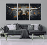 93195031-MGV-FC-60X30-3P_White-Dark Longhorn Bull Wall Art – Western Steer Canvas Print, Moody Rustic Animal Painting for Man Cave, Ranch House, Office or Modern