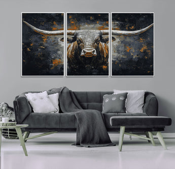 93195031-MGV-FC-60X30-3P_White-Dark Longhorn Bull Wall Art – Western Steer Canvas Print, Moody Rustic Animal Painting for Man Cave, Ranch House, Office or Modern