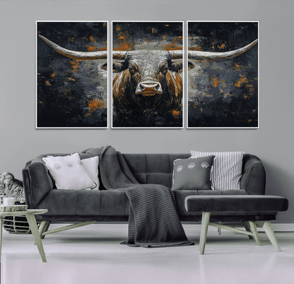 93195031-MGV-FC-60X30-3P_White-Dark Longhorn Bull Wall Art – Western Steer Canvas Print, Moody Rustic Animal Painting for Man Cave, Ranch House, Office or Modern
