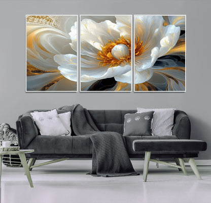 39604126-MGV-CV-36X24-Abstract Flower Wall Art – Elegant White and Gold Bloom Canvas Print, Modern Floral Artwork for Bedroom, Living Room, or Office