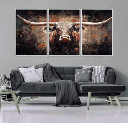 24779067-MGV-CV-36X24-Longhorn Bull Wall Art – Western Rustic Canvas Print, Bold Cowboy Cattle Painting for Ranch House, Farmhouse, Office, or Living