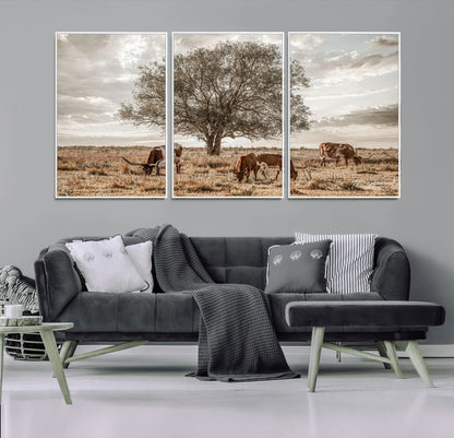 87590224-MGV-CV-36X24-Longhorn Cattle Wall Art – Rustic Western Landscape Canvas Print, Texas Farmhouse Prairie Scene for Living Room, Office, or Ranch