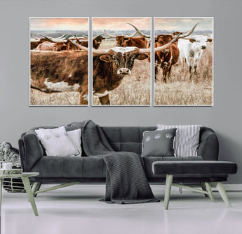 47758300-MGV-CV-36X24-Texas Longhorn Cattle Wall Art – Rustic Western Herd Canvas Print, Cowboy Ranch Farmhouse Decor for Living Room, Office, or