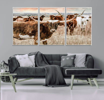 47758300-MGV-CV-36X24-Texas Longhorn Cattle Wall Art – Rustic Western Herd Canvas Print, Cowboy Ranch Farmhouse Decor for Living Room, Office, or