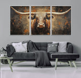 19204445-MGV-CV-36X24-Texas Longhorn Bull Wall Art – Rustic Western Canvas Print, Bold Cowboy Cattle Painting for Ranch House, Farmhouse, Office, or