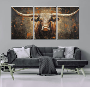 19204445-MGV-CV-36X24-Texas Longhorn Bull Wall Art – Rustic Western Canvas Print, Bold Cowboy Cattle Painting for Ranch House, Farmhouse, Office, or