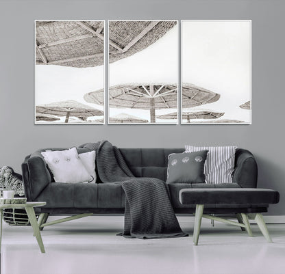 97043123-MGV-CV-36X24-Beach Umbrella Wall Art – Minimalist Coastal Canvas Print, Woven Parasol Summer Decor for Bedroom, Living Room, or Modern Beach