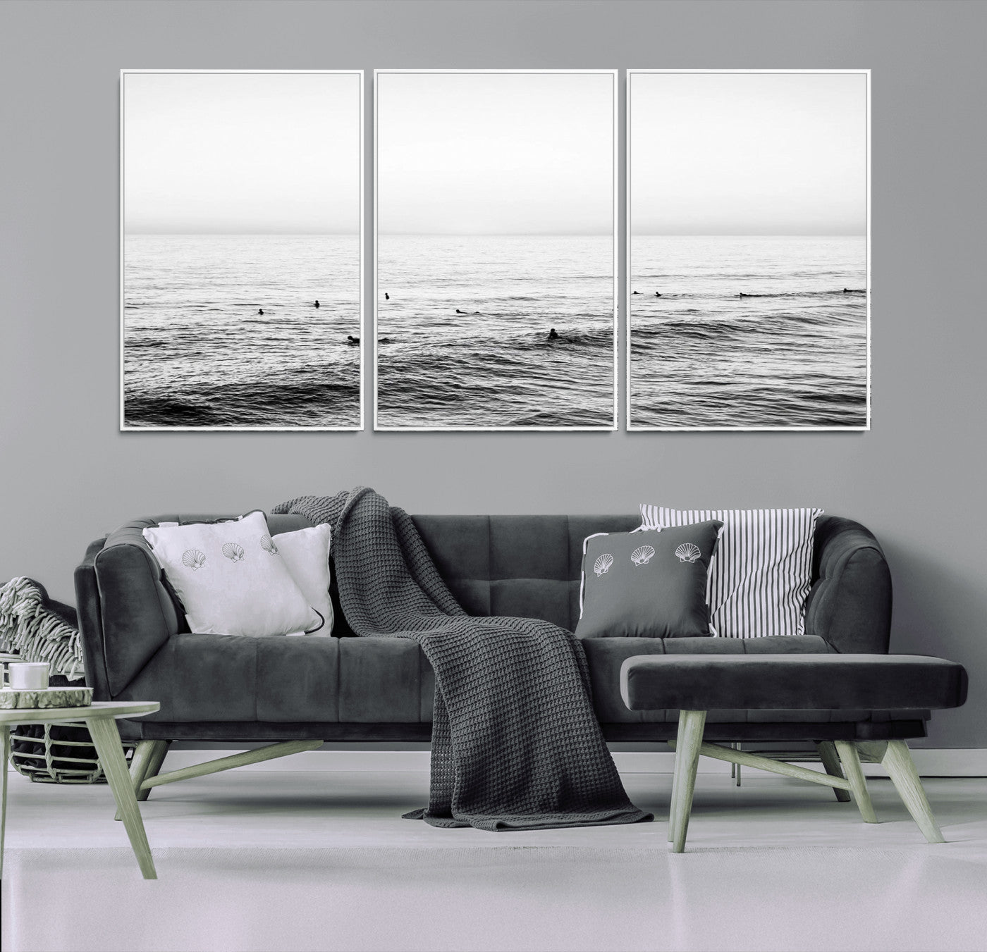47208268-MGV-CV-36X24-Surfer Ocean Wall Art – Black and White Coastal Canvas Print, Minimalist Surfing Seascape Decor for Living Room, Bedroom, or Beach
