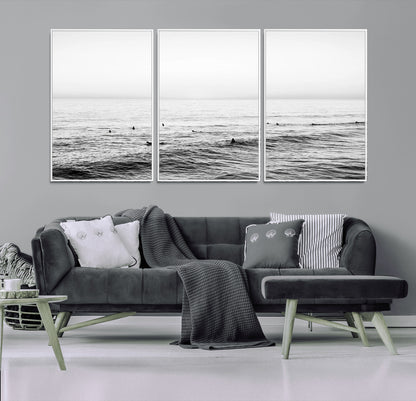 47208268-MGV-CV-36X24-Surfer Ocean Wall Art – Black and White Coastal Canvas Print, Minimalist Surfing Seascape Decor for Living Room, Bedroom, or Beach