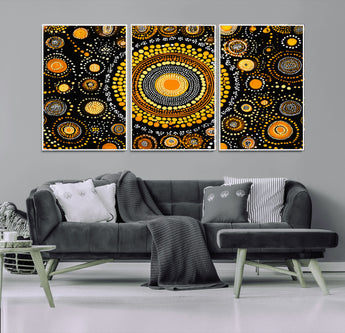45478523-MGV-FC-60X30-3P_White-Abstract Circle Wall Art – Bold Black and Gold Dot Painting Canvas Print, Modern Geometric Mandala Style Decor for Living Room or