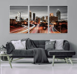 59097239-MGV-CV-36X24-City Skyline Wall Art – Modern Black and White Night Canvas Print with Red Light Trails, Urban Landscape Decor for Living Room or