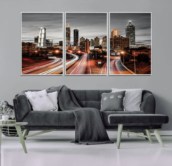 59097239-MGV-CV-36X24-City Skyline Wall Art – Modern Black and White Night Canvas Print with Red Light Trails, Urban Landscape Decor for Living Room or