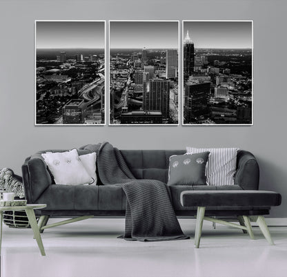 46578567-MGV-FC-60X30-3P_White-Atlanta Skyline Wall Art – Black and White Cityscape Canvas Print, Modern Urban Night Decor for Office, Living Room, or Apartment