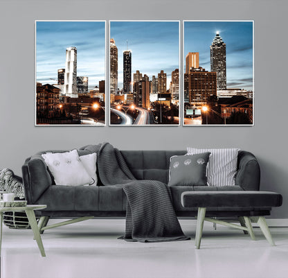 23859158-MGV-CV-36X24-Atlanta Skyline Wall Art – Modern Cityscape Canvas Print with Night Lights and Traffic Trails, Urban Decor for Office, Apartment,