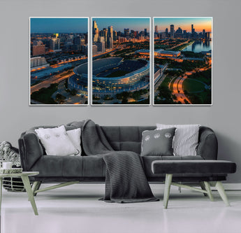 36690345-MGV-CV-36X24-Soldier Field Wall Art – Chicago Bears Stadium Aerial Night Canvas Print, City Skyline Football Decor for Living Room, Office, or
