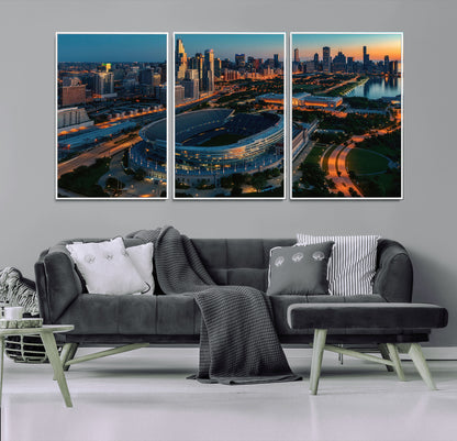 36690345-MGV-CV-36X24-Soldier Field Wall Art – Chicago Bears Stadium Aerial Night Canvas Print, City Skyline Football Decor for Living Room, Office, or