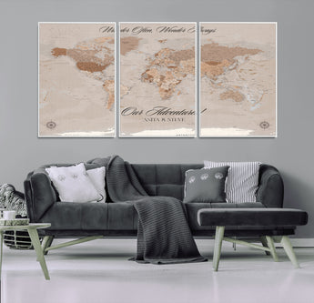 95243244-MGV-CV-36X24-Wander Often Wonder Always World Map Wall Art – Neutral Beige Adventure Canvas Print, Rustic Boho Travel Decor for Bedroom, Living