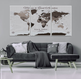 43749658-MGV-CV-36X24-Welcome to Great Adventure World Map Wall Art – Charcoal Gray Canvas Print, Rustic Travel Decor for Living Room, Study, Office or