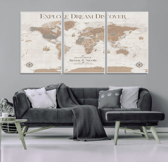 63516865-MGV-CV-36X24-Explore Dream Discover World Map Wall Art – Inspirational Travel Adventure Canvas Print, Neutral Parchment Style Explorer Decor