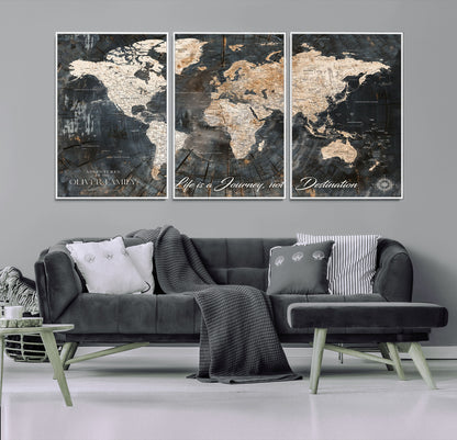 37848568-MGV-CV-36X24-Life is a Journey Not a Destination World Map Rustic Wood Texture Vintage Beige Navy Adventure Wall Art Canvas Print for Home