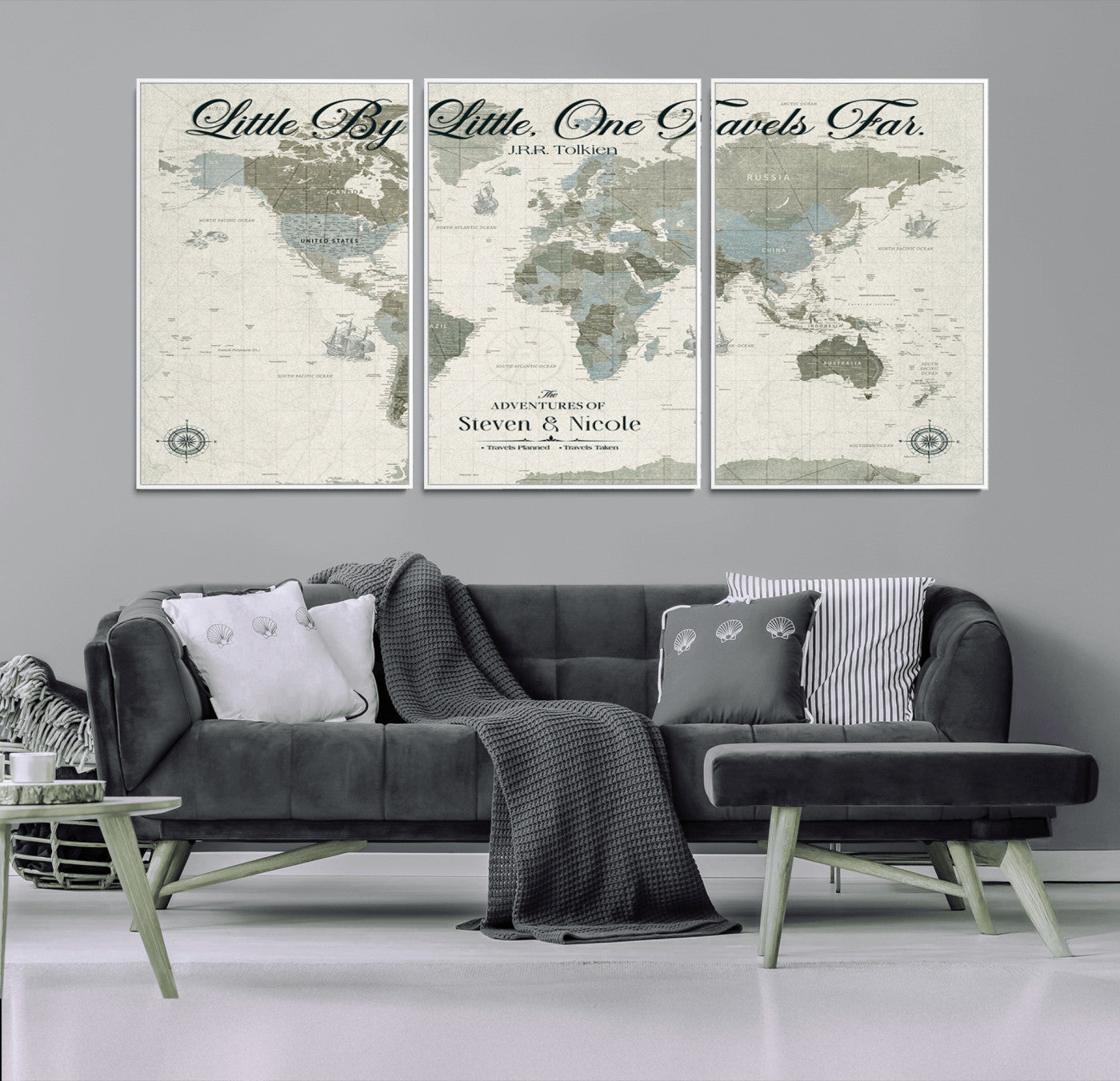 10693204-MGV-CV-36X24-Little By Little One Travels Far Tolkien Quote Blue Green World Map Adventure Wall Art Canvas Print Rustic Wanderlust Travel Decor