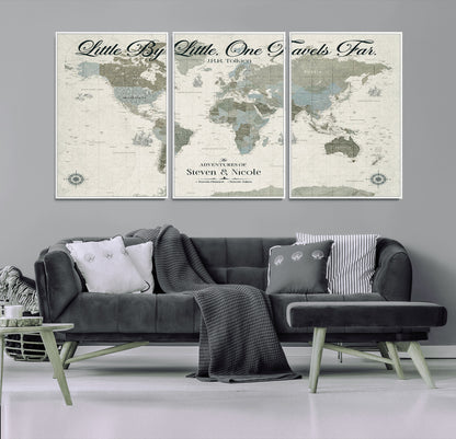 10693204-MGV-CV-36X24-Little By Little One Travels Far Tolkien Quote Blue Green World Map Adventure Wall Art Canvas Print Rustic Wanderlust Travel Decor